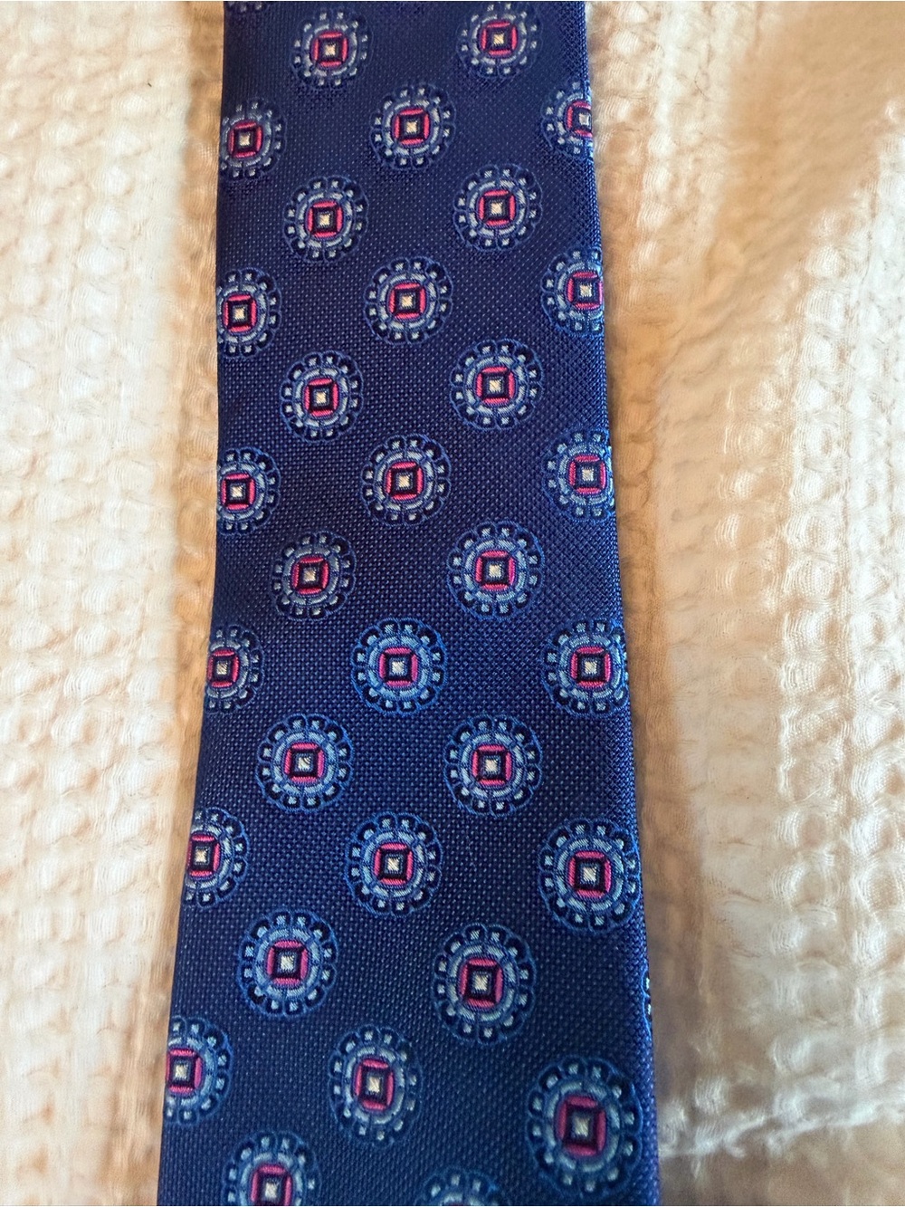 Ted Baker Navy Silk Tie with Red Medallion Motif